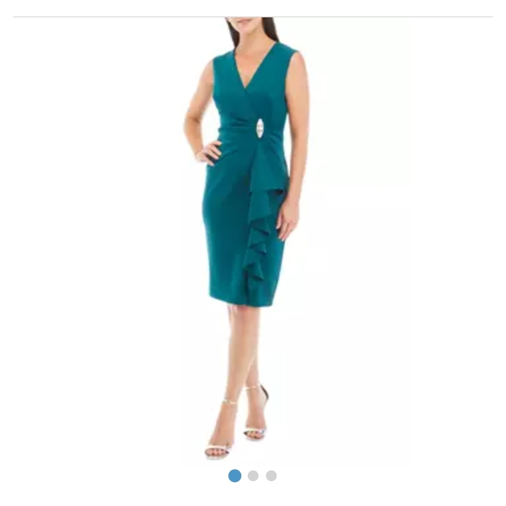 Jessica Howard Dark Green Ruched Sheath Midi Dress V-Neck